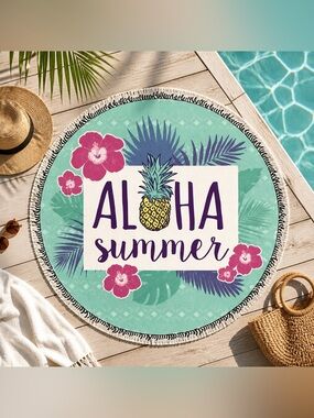 Aloha Summer Round Beach Towel - Teal, Pink, Yellow